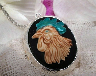 Blue Eyed Rooster Cameo Western Farm Girl  Keepsake Locket Necklace Pendant Pill Box