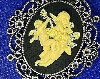 Guardian Angels Cherub Victorian Edwardian Jewelry Antique Silver Necklace Pendant 24 inch chain
