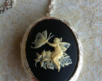 Butterfly Fairy Locket Black & Ant White Georgian Victorian Cameo Ladies Silver Filegre art designer Necklace Pendant