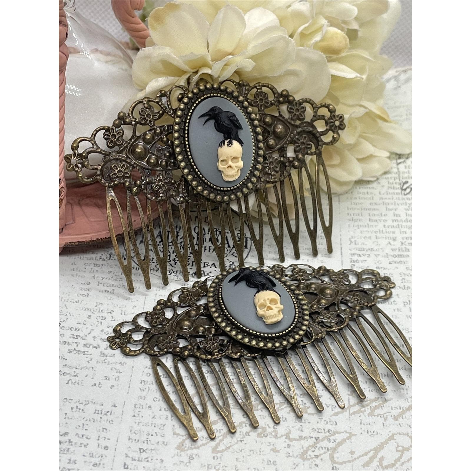 Pair of Bronze Barrette Gothic Hair Comb Cameo Black Crow Raven