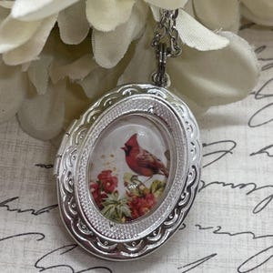 Silver Red Bird Cardinal Memorial Jewelry  Locket Necklace Pendant Wedding Birthday Gift Wedding Party Gift