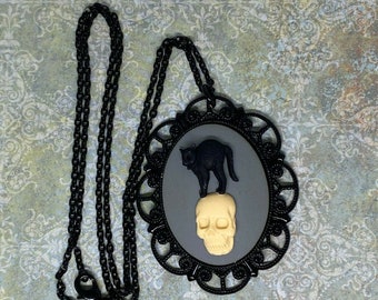 Black Enamel Skull Cat Black Skeleton Gothic Cameo Necklace Pendant Rockabilly Goth- 30x40