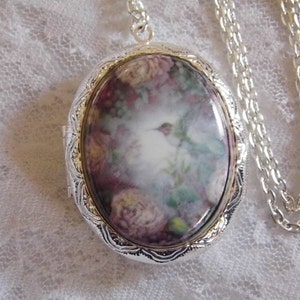 Hummingbird Rose Locket Antique Silver Necklace Porcelain Cameo Memory
