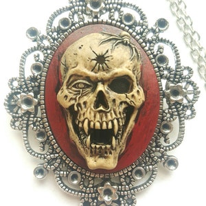 Silver Demon Skull Necklace Pendant Dark Red Blood Morbid Dead Pagan Vampire