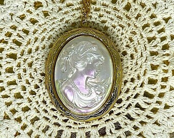 Pearl Victorian Lady Miss Incandescent Cameo Gold Locket Pendant Necklace Birthday Mother