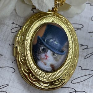 May include: Gold oval locket necklace with a round image of a cat wearing a blue top hat and glasses. The cat has white fur with gray markings.