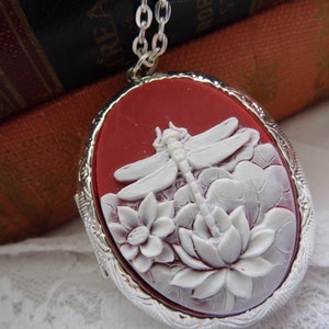 Dragon Fly Locket Red & Ant White Georgian Victorian Cameo Ladies Silver Filegre art designer Necklace Pendant