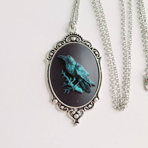 Green Iridescent Raven Crow Gothic Rockabilly Cameo Silver Necklace Pendant Victorian Jewelry