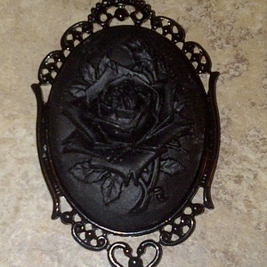 Black Rose Flower Goth Steampunk Rockabilly Necklace Pendant Cameo