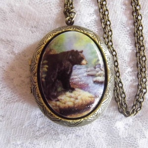 Bear Grizzly Nature Porcelain Cameo Locket Necklace Antique Gold Pill