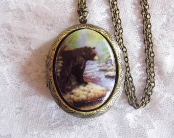 Bear Grizzly Nature Porcelain Cameo Locket Necklace Antique Gold Pill