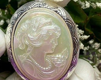 Pearl Victorian Lady Miss Incandescent Cameo Silver Locket Pendant Necklace Birthday Mother