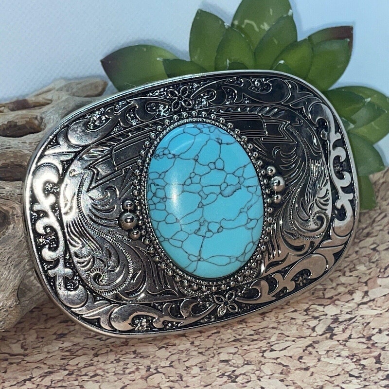 Turquoise and Hammered Gold Belt Buckle main image 0