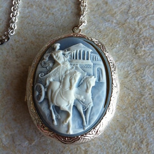 Renaissance  Roman Chariot Locket Blue & White Georgian Victorian Cameo Ladies Silver Filegre art designer Necklace Pendant
