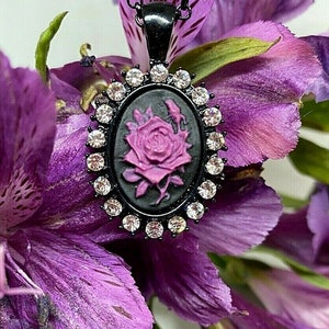 Black and Purple Morbid Rose Rhinestone Goth Black Enamel Plated Necklace Pendant Victorian Wedding Jewelry Steampunk Cameo