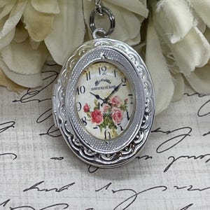 Silver Clock Pink Roses Victorian Mauve Locket Necklace Pendant Wedding Mother Birthday Gift Watch Clock