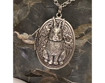 Silver BUNNY Rabbit  Locket Necklace JEWELRY Pendant PHOTO Picture Cameo Easter