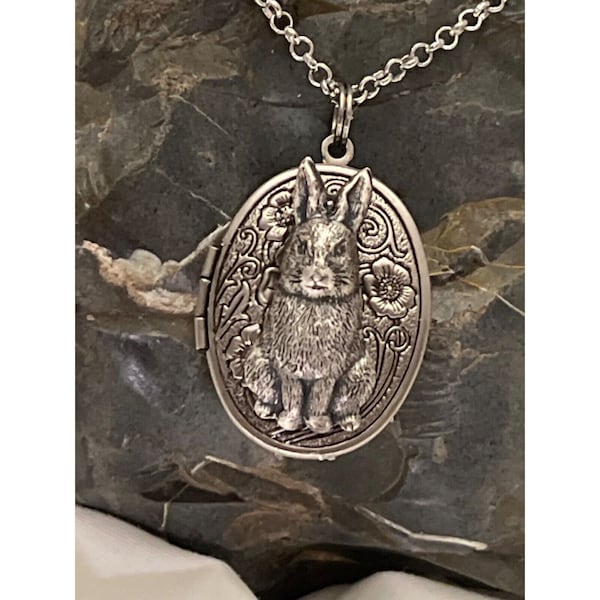 Silver BUNNY Rabbit  Locket Necklace JEWELRY Pendant PHOTO Picture Cameo Easter