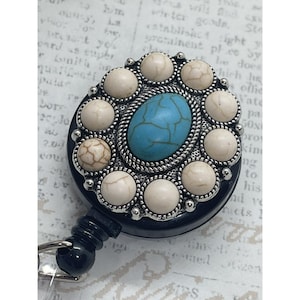 Porte-badge de travail d'identité sud-ouest pour femme blanc buffle turquoise, carte Western KEY bleu blanc