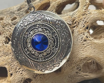 Zafiro plata antigua elegante medallón redondo elegante tesoro - pastillero - foto recuerdo joyería de boda