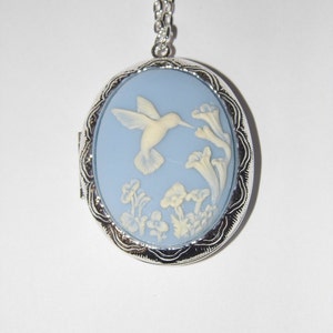 Bride Gift Something Blue Locket Hummingbird Blue  Art Cameo Ladies Silver Filegree art designer Necklace Pendant