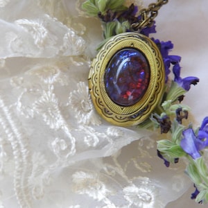 Mexican Glass Fire Opal glass art Mythical Heirloom Locket Necklace Goldtone