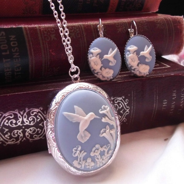 Hummingbird Bird Locket & Earring set Silver Or Bronze setting Cameo Wedding party jewelry