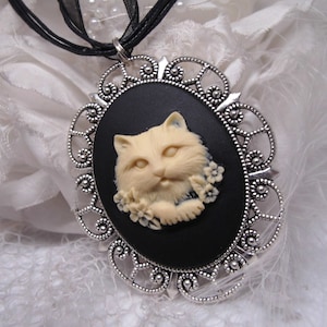 Fancy lace silver setting cameo cat 30x40 resin cameo Kitten Cat ribbon necklace