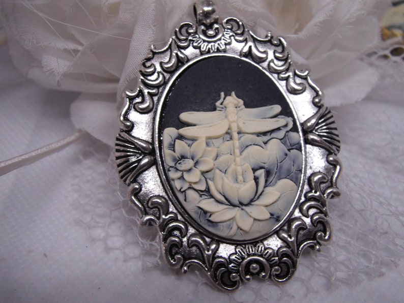 Black Antique White Dragonfly Water Lily Vintage Cameo Necklace Pendant Vintage Victorian Style Cameo Scarf Purse Charm image 2