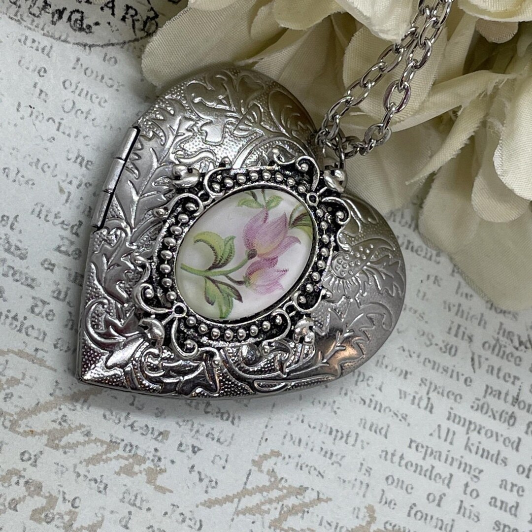 Silver Heart Necklace Locket Tulip Pink Wedding Bridal Mother of