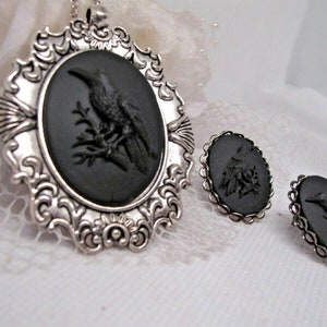 Black on Black CROW Gothic Rockabilly Earring Set Cameo Necklace Pendant Victorian Jewelry
