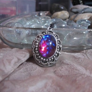 Silver Ornate Dragons breath Mexican Fire Opal Blue red Photo Locket Necklace