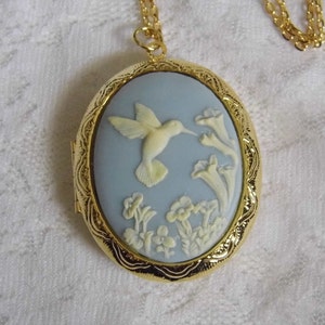 Blue Hummingbird Bird Locket Necklace Pill Picture Keepsake Box Gold