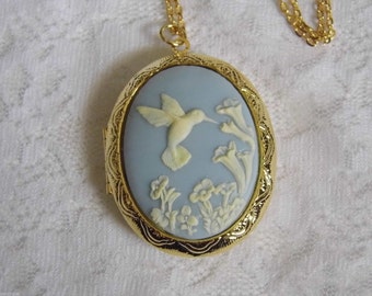 Blue Hummingbird Bird Locket Necklace Pill Picture Keepsake Box Gold