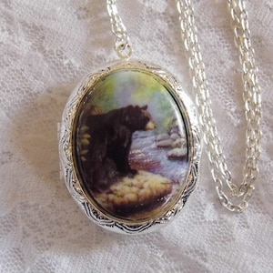 Bear Grizzly River Locket Antique Silver Necklace Porcelain Cameo Memory