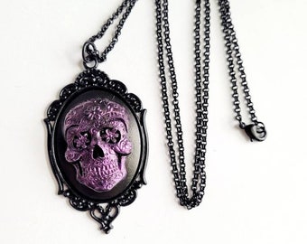 Purple Iridescent Sugar Skull Gothic Rockabilly Cameo Black Necklace Pendant Victorian Jewelry