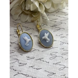 Boucles D'oreilles Pendantes Dormeuses Camée Ovale Bleu - Plaqué Or 18 Carats