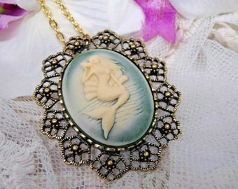 Mermaid Nautical Sea cameo Wedding Cameo Necklace Pendant Vintage Victorian Style Cameo Scarf Purse Charm