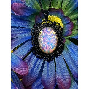 Opalescent Fire White Opal Black Enamel Pendant Necklace Wedding Bohemian Biker