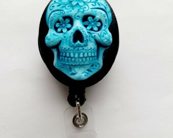 Teal Blue Sugar Skull Day of the Dead Goth Rockabilly Badge Reel retractable ID Card Key cameo