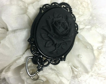 Rockabilly Goth Black on black  Rose Cameo Silver Badge reel retractable ID Holder Glasses Key Card Teacher Doctor Nurse