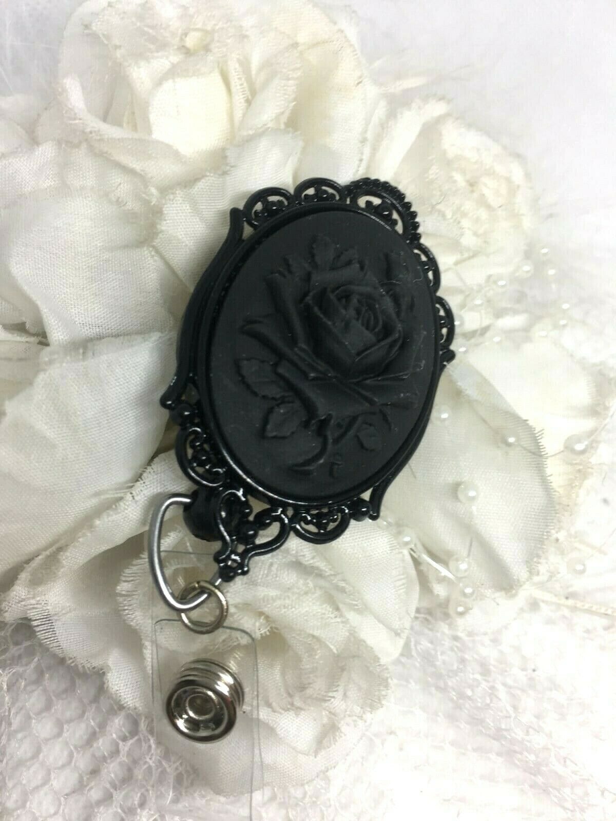Rockabilly Goth Black on black Rose Cameo Silver Badge reel retractable ID Holder Glasses Key Card Teacher Doctor Nurse