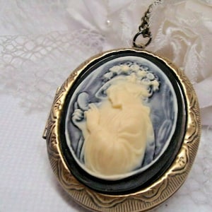 Victorian Lady Hat Mirror Cloak Shawl Cameo Locket Necklace Antique Gold Pill