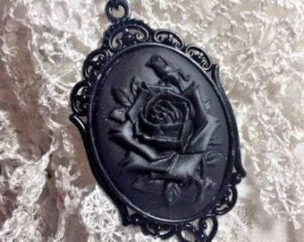 Black Rose Flower Goth Steampunk Rockabilly Necklace Pendant Cameo