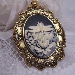 Black Antique White Dragonfly Water Lily Vintage Cameo Necklace Pendant Vintage Victorian Style Cameo Scarf Purse Charm image 1