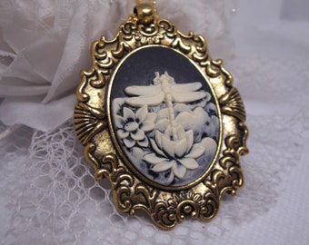 Black Antique White Dragonfly Water Lily Vintage Cameo Necklace Pendant Vintage Victorian Style Cameo Scarf Purse Charm