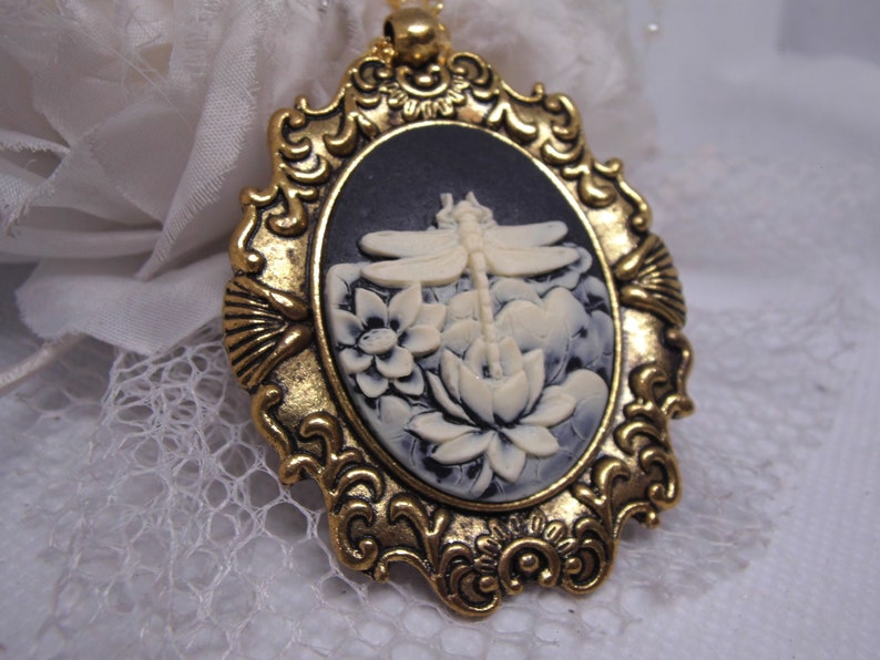 Black Antique White Dragonfly Water Lily Vintage Cameo Necklace Pendant Vintage Victorian Style Cameo Scarf Purse Charm image 1