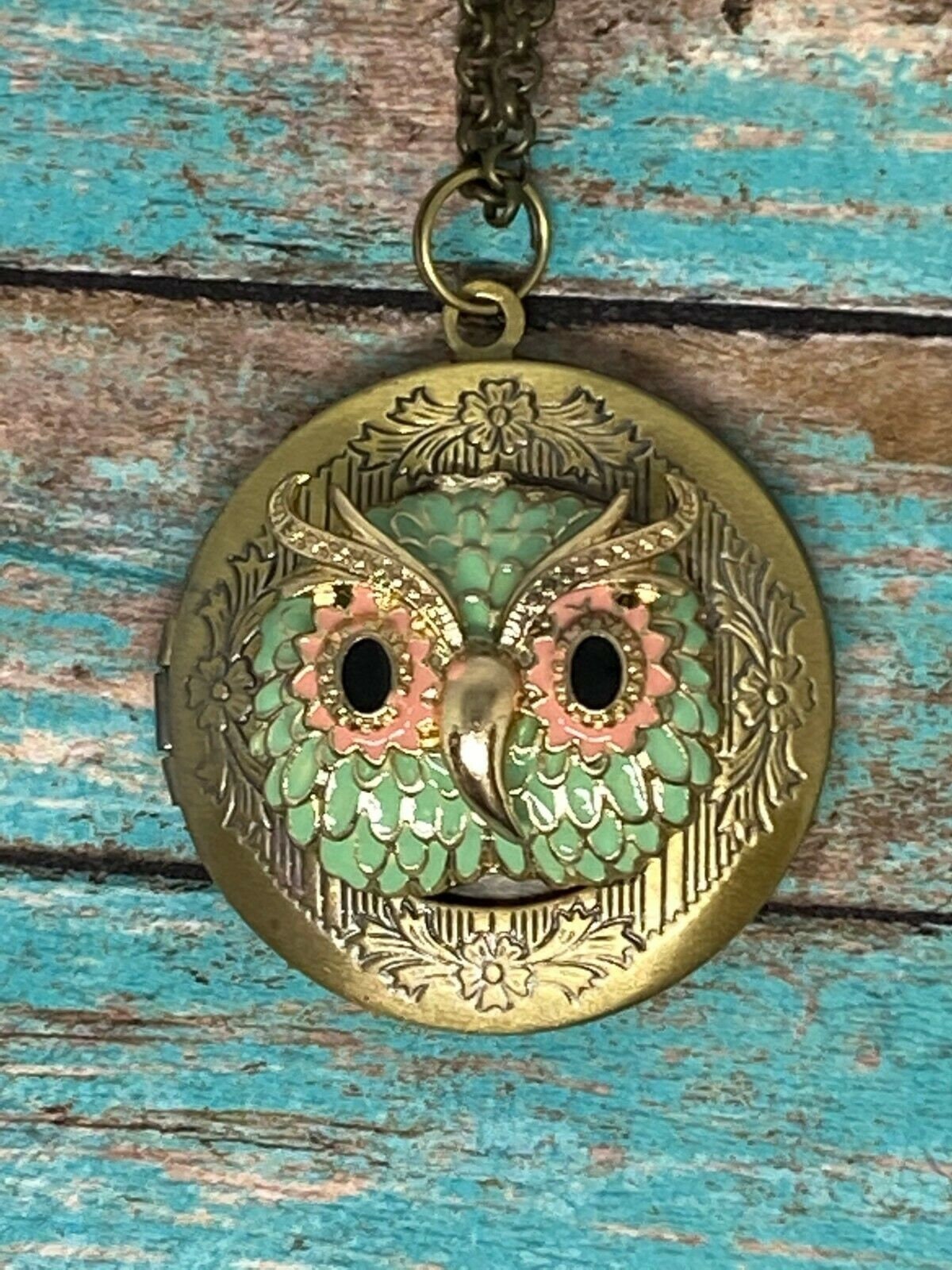 Olive Green Owl Antique Gold Fancy Round Locket Elegant Treasure - pill box - photo keepsake spring