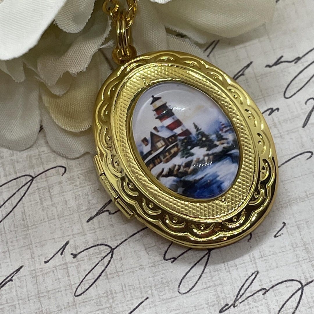 Gold Lighthouse Nautical Beach Locket Necklace Pendant Wedding Mother ...