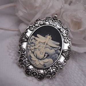 Black Antique White Dragonfly Water Lily Vintage Cameo Necklace Pendant Vintage Victorian Style Cameo Scarf Purse Charm image 4